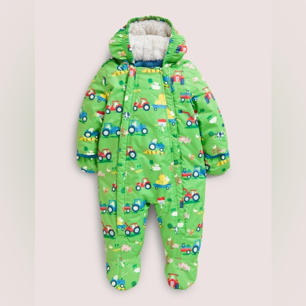 MINI BODEN Fleece & Sherpa Lined Baby Toddler Snowsuit Coat w Farm Animals 2 3
